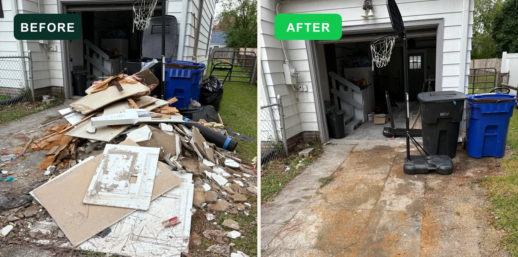 Pile of construction debris before and after EcoClear removal