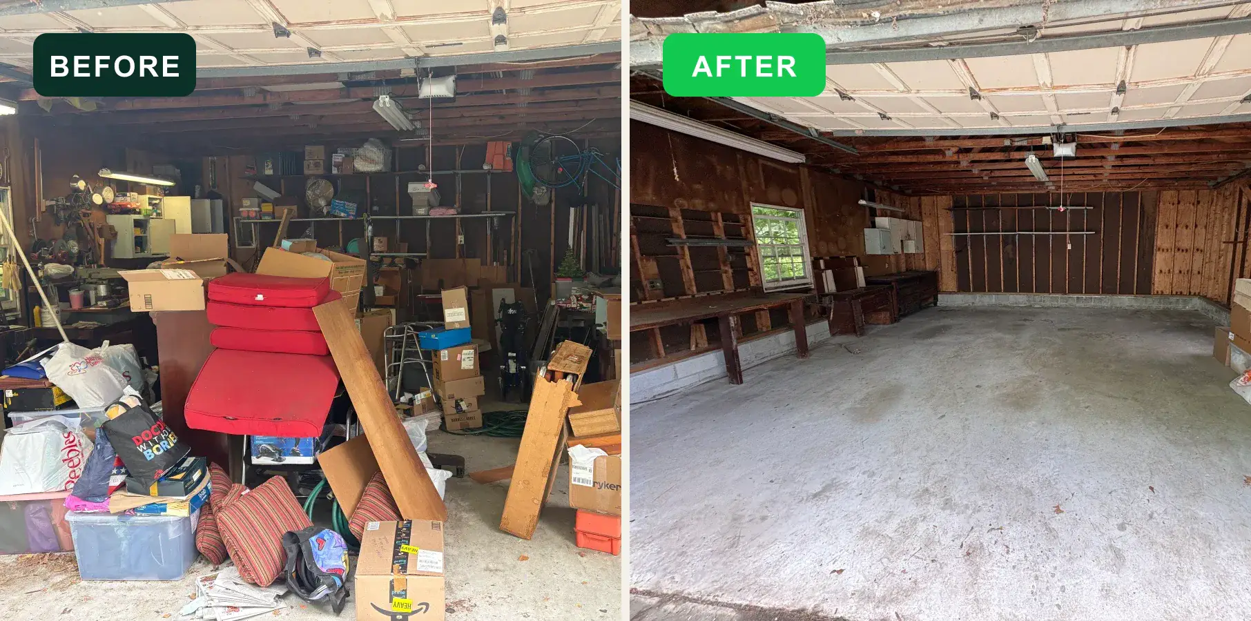 Cluttered garage before and after an EcoClear cleanout