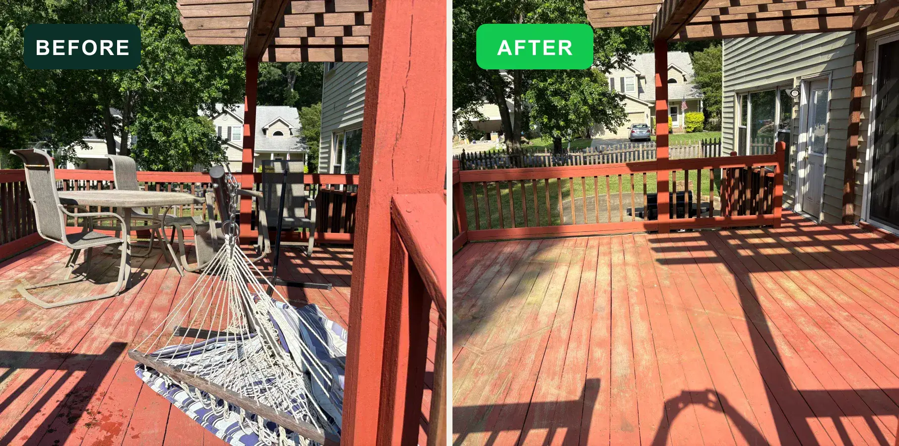 Outdoor deck area before and after EcoClear junk removal
