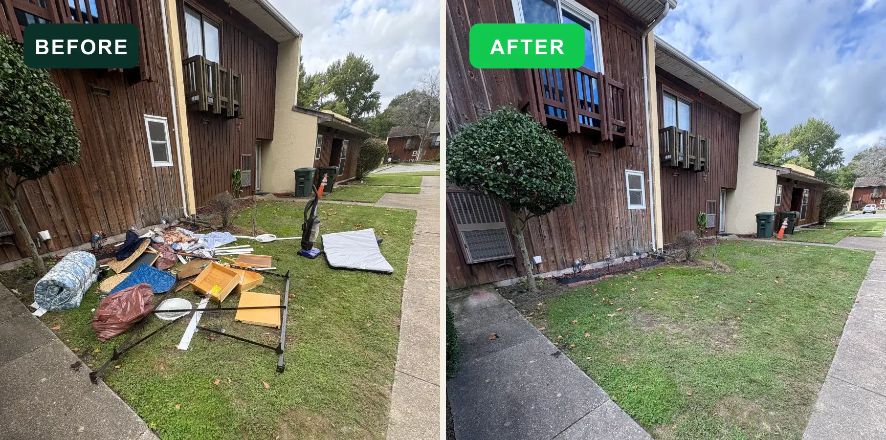 Items beside a residential building before and after EcoClear removal