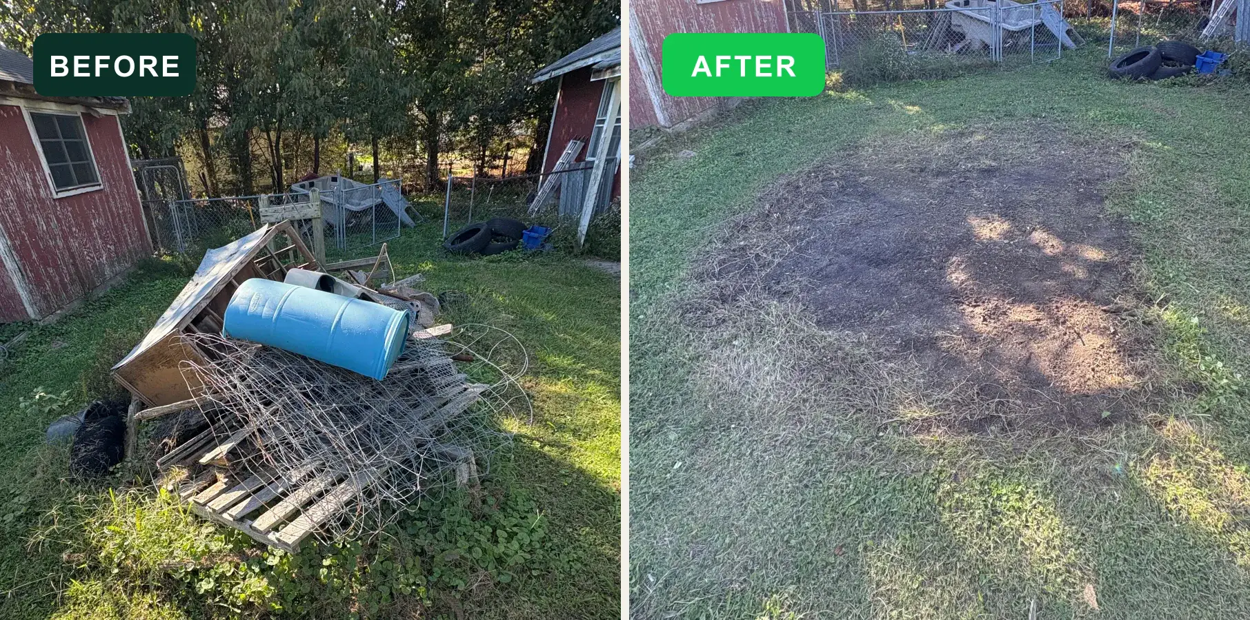 Backyard junk pile before and after EcoClear removal