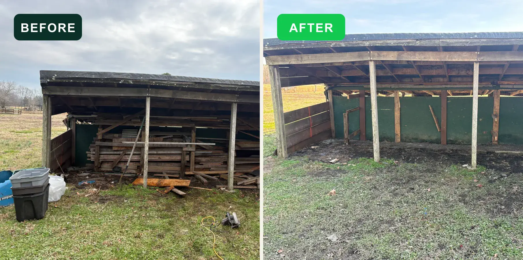 Stored lumber and debris before and after EcoClear removal