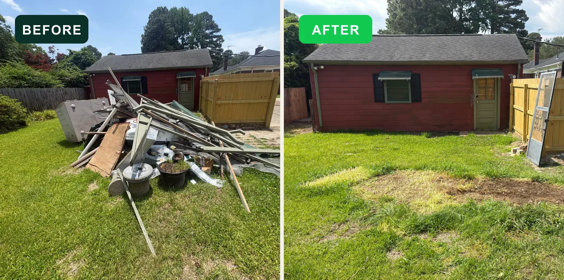 Large backyard debris pile before and after EcoClear removal