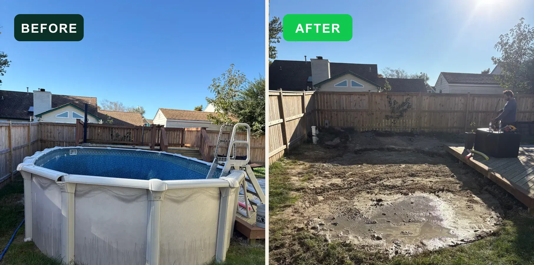 Above-ground pool before and after EcoClear demolition and removal