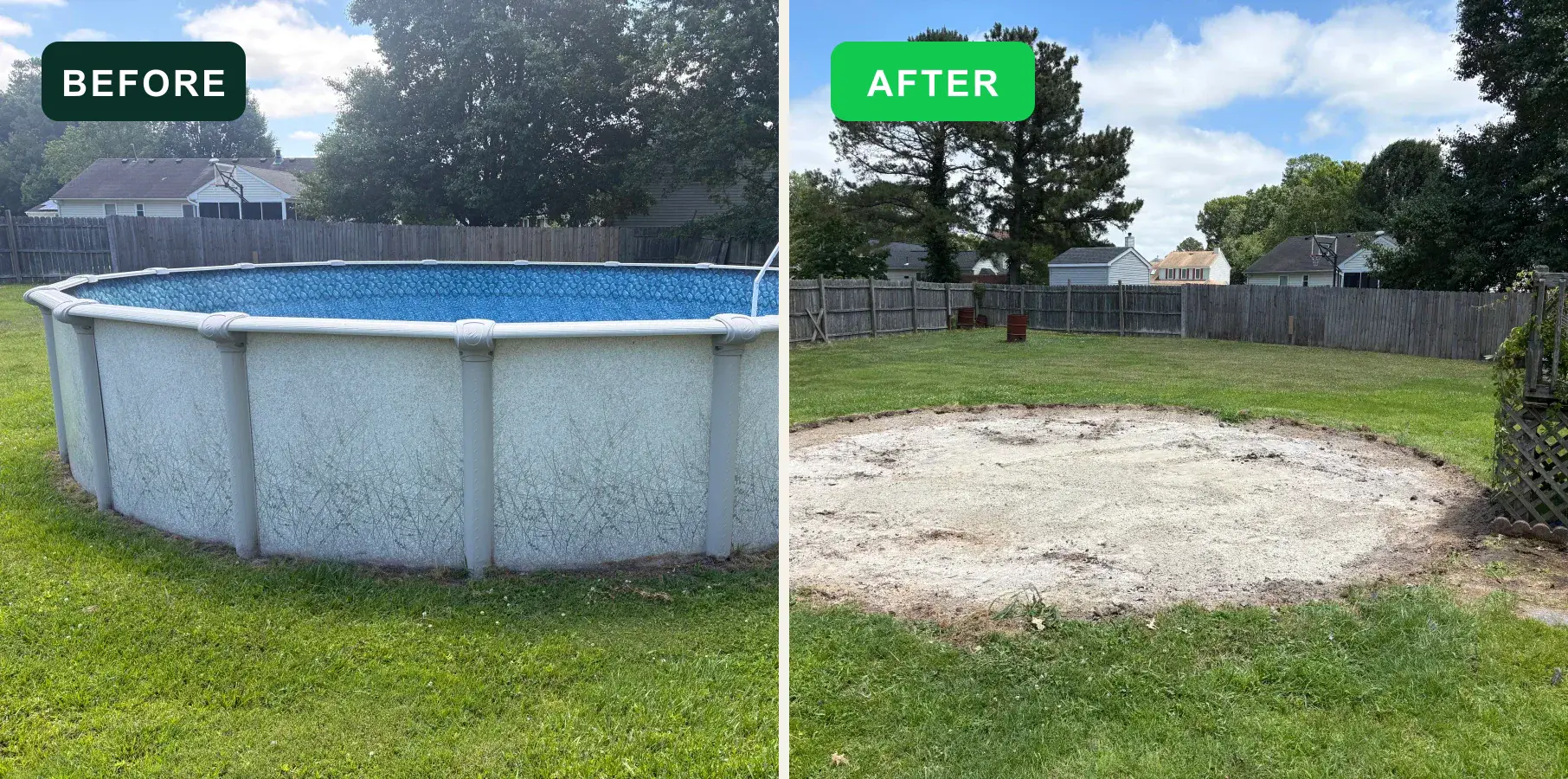 Second above-ground pool project before and after EcoClear removal