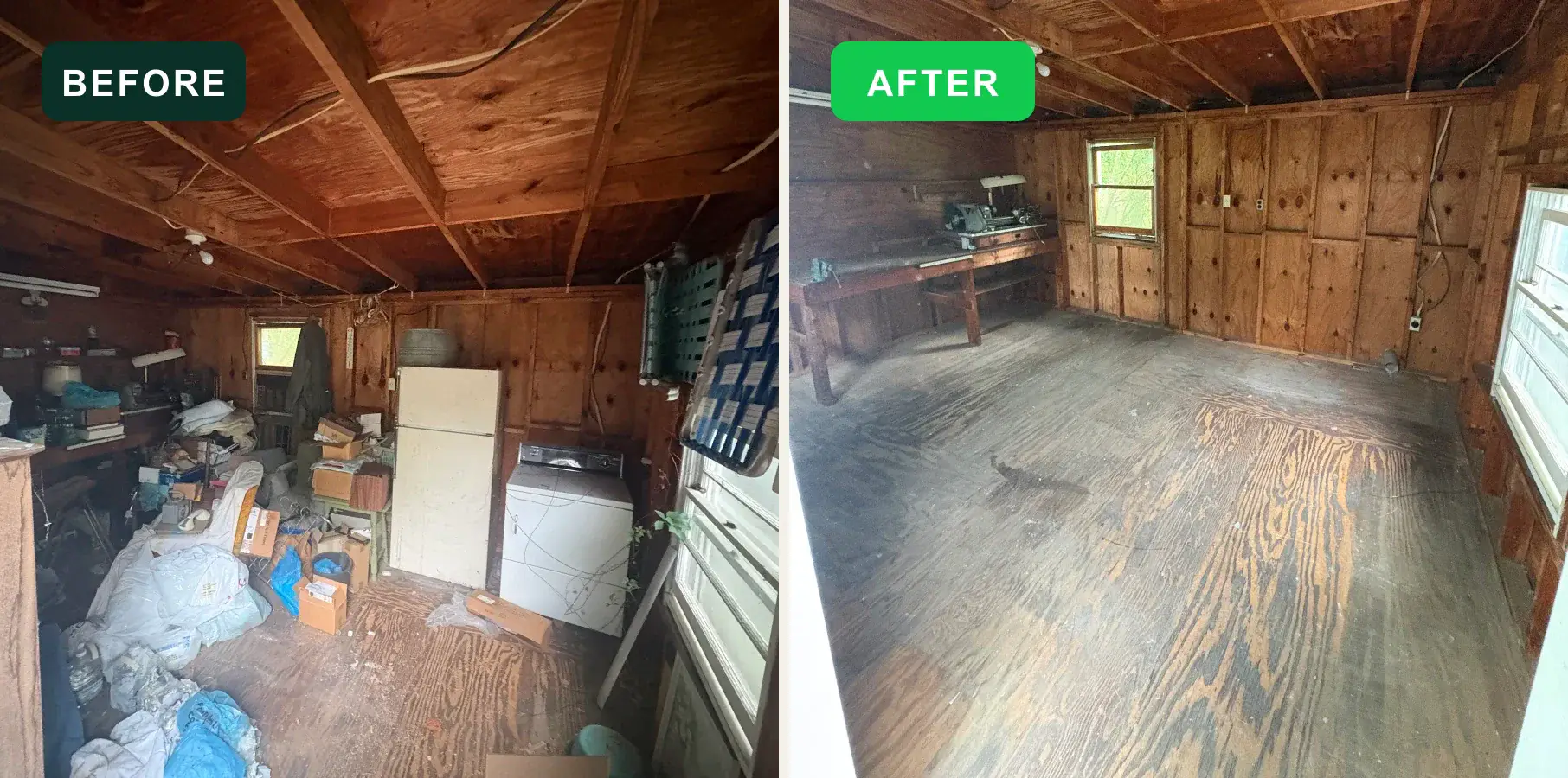 Cluttered wooden shed before and after an EcoClear cleanout