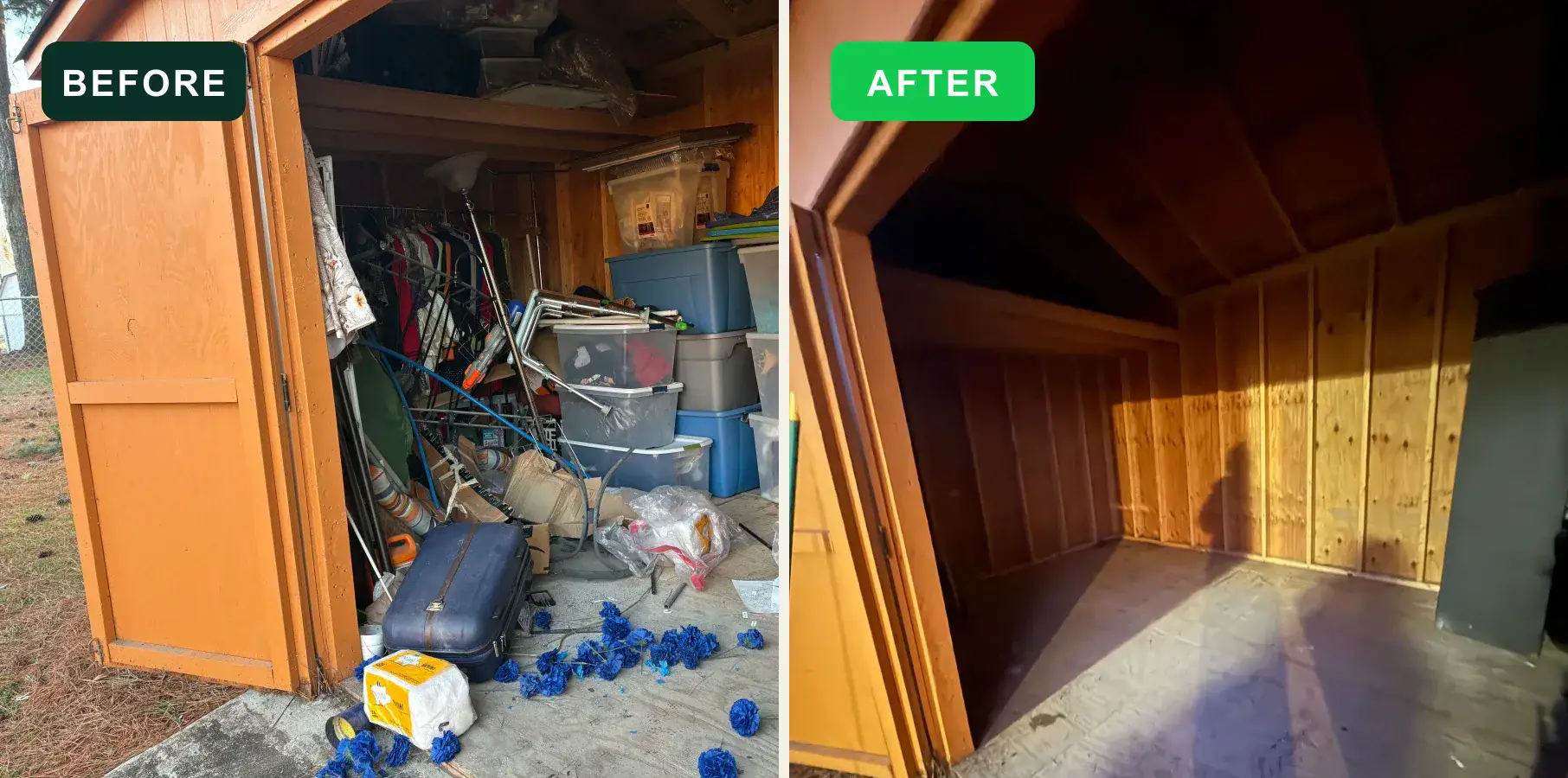 Packed storage shed before and after an EcoClear cleanout