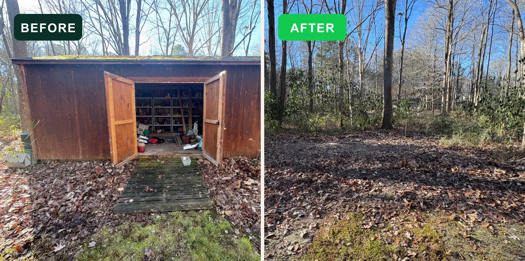 Backyard shed before and after EcoClear demolition and removal