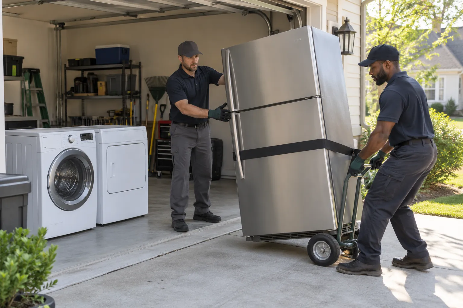 Workers moving an upright refrigerator with an appliance dolly