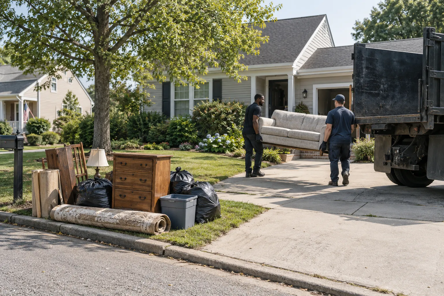 Crew carrying a sofa past a curbside bulk pile toward a dump truck