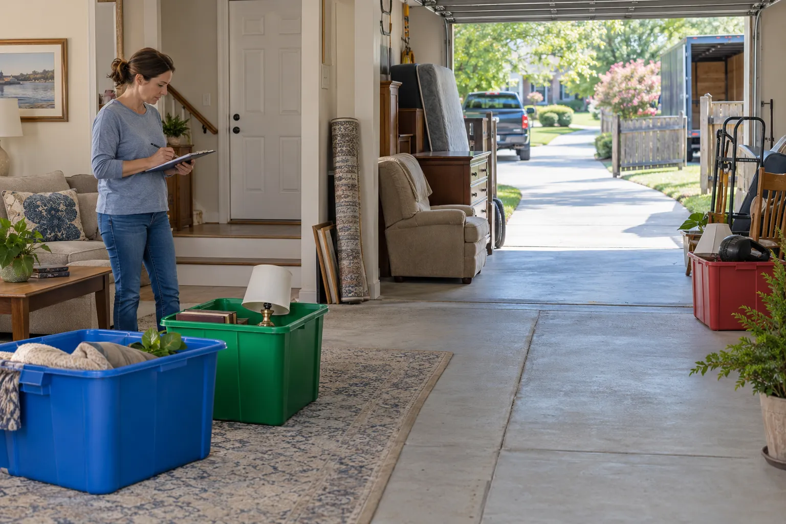 Homeowner sorting items beside a clear garage loading route