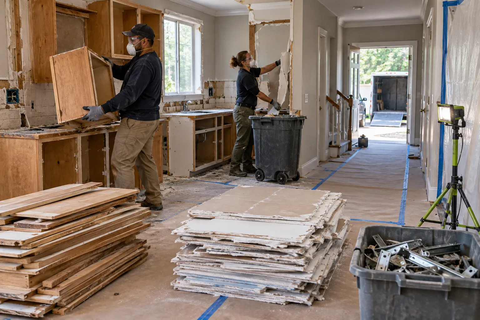 Protected renovation area with sorted wood, drywall, and metal debris
