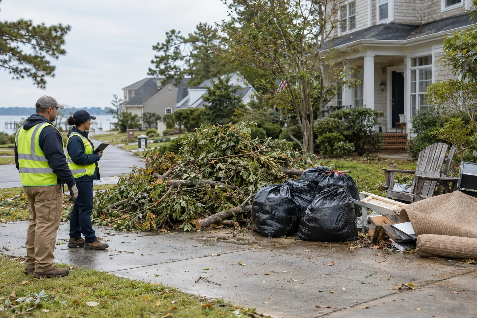 Cleanup crew assessing separated branches and household storm debris